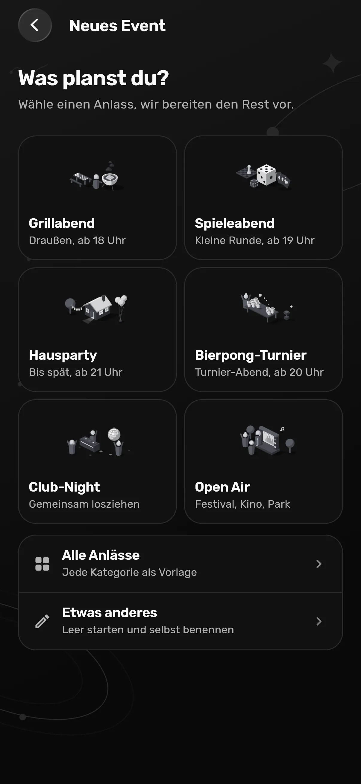 Event erstellen: Anlass auswählen