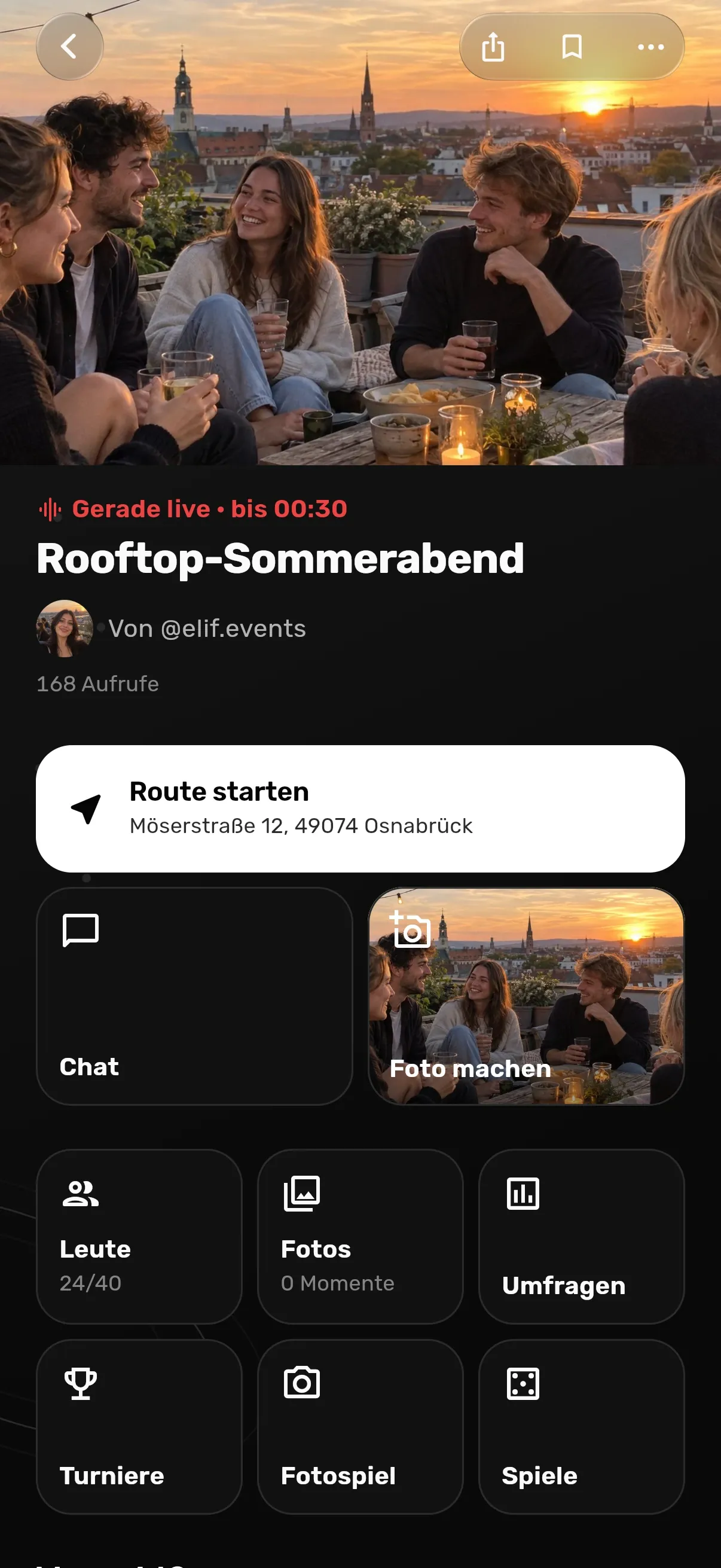 Event-Seite „Rooftop-Sommerabend“ mit Route, Chat und Fotos