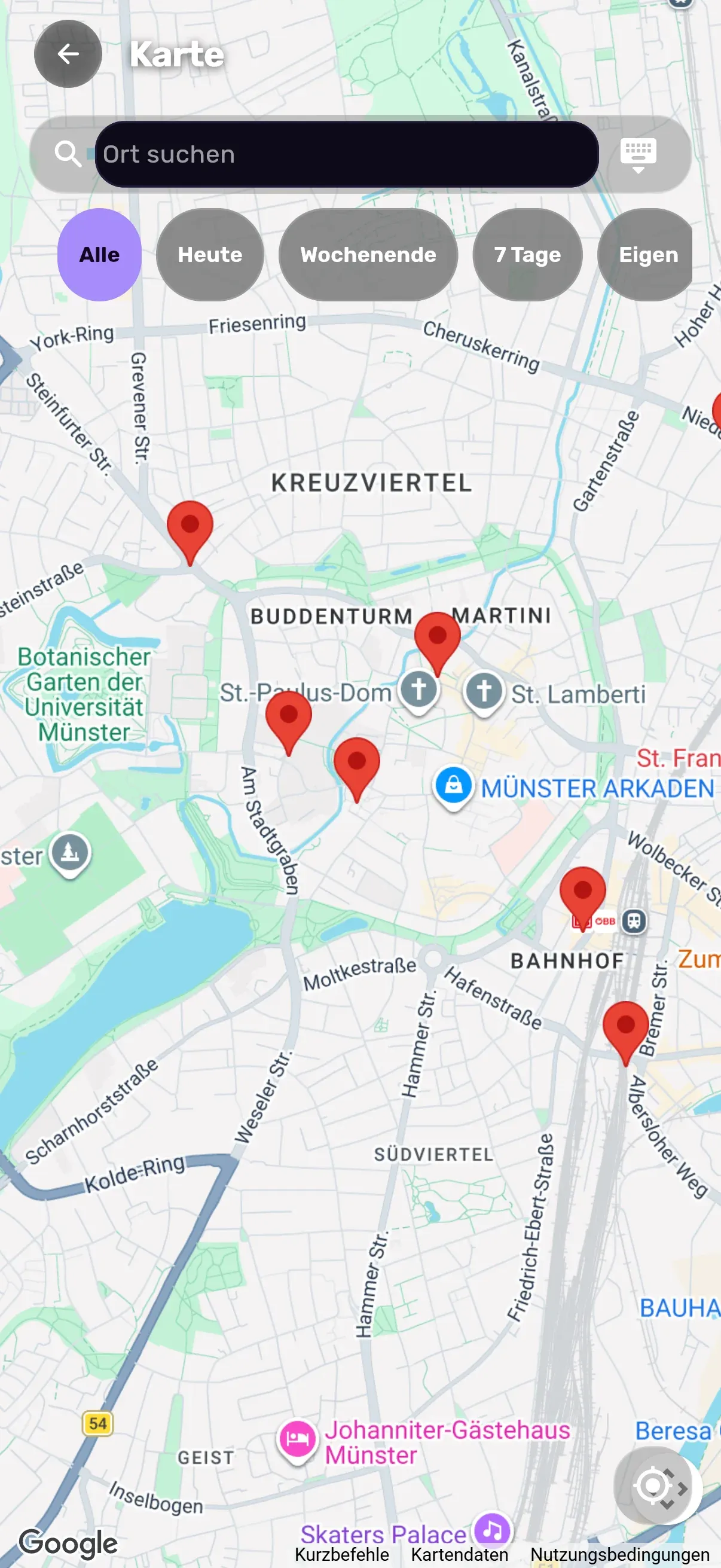 Karte mit Event-Markern in Münster